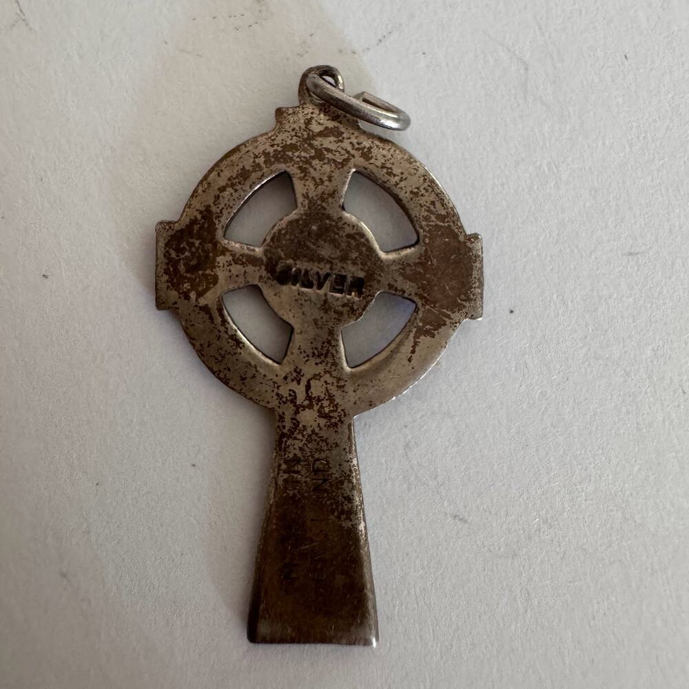 Vintage Sterling Silver Blue Orange Enamel Celtic Cross Pendant Made England 2g - Picture 2 of 6
